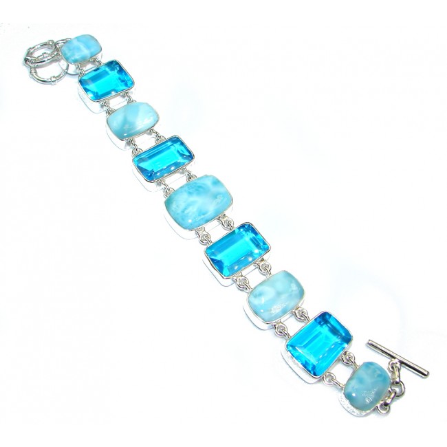 Genuine Blue Larimar & Blue Quartz Sterling Silver handmade Bracelet