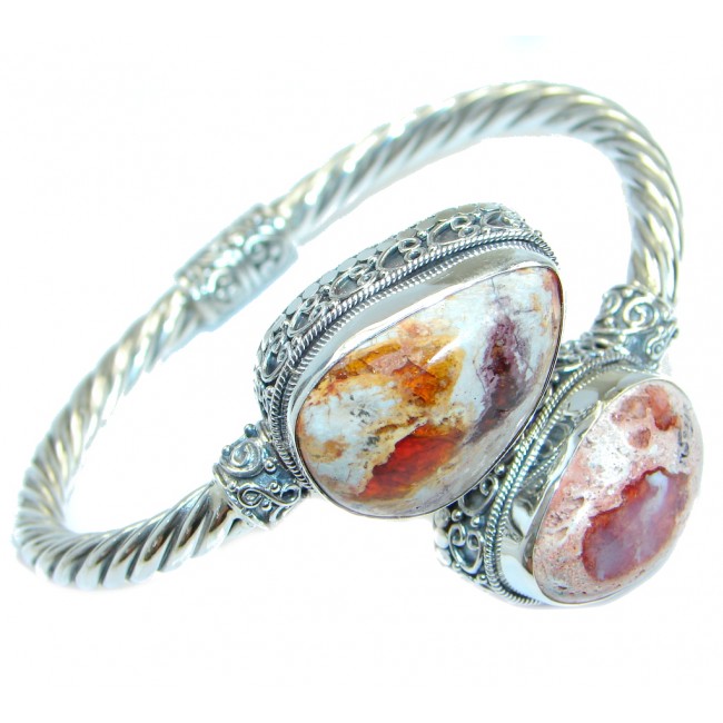 Outstanding Quality AAA Mexican Fire Opal Bali Handcrafted Sterling Silver Bracelet / Cuff