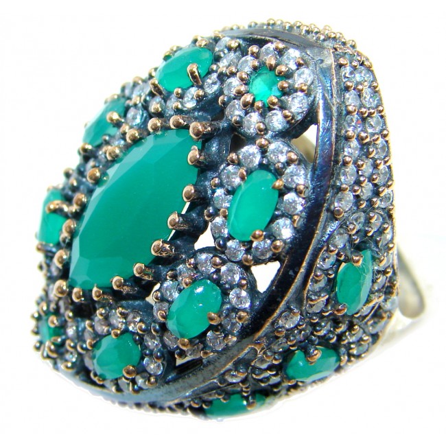 Victorian Style created Emerald & White Topaz Copper over Sterling Silver ring; s. 8 1/4