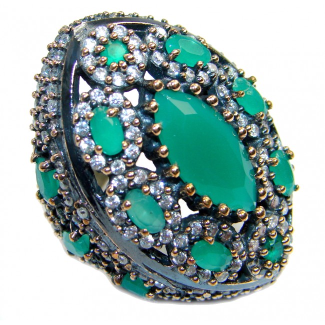 Victorian Style created Emerald & White Topaz Copper over Sterling Silver ring; s. 8 1/4