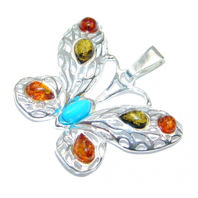 Butterfly Polish Amber & Turquoise Sterling Silver Pendant
