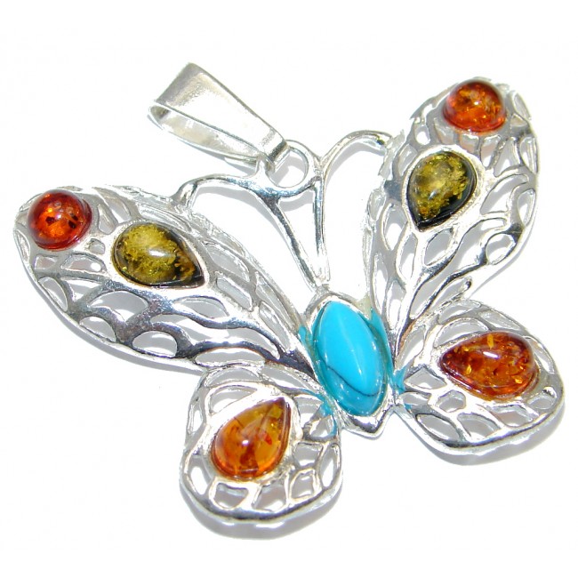 Butterfly Polish Amber & Turquoise Sterling Silver Pendant