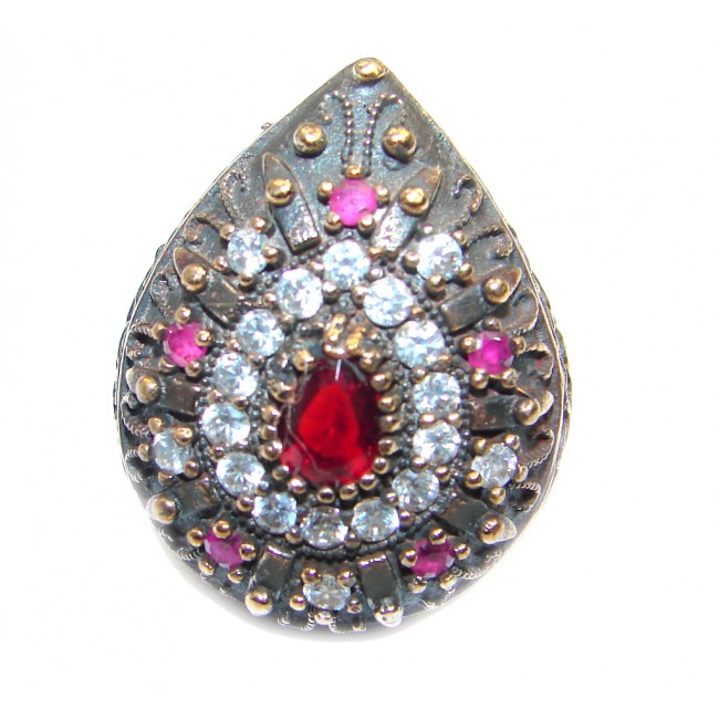 Victorian Style created Ruby & White Topaz Sterling Silver ring; s. 7 1/4