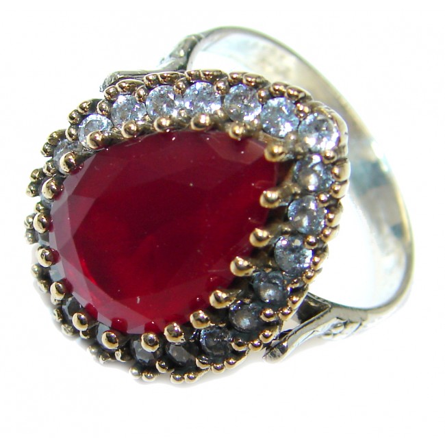 Victorian Style created Ruby & White Topaz Sterling Silver ring; s. 8