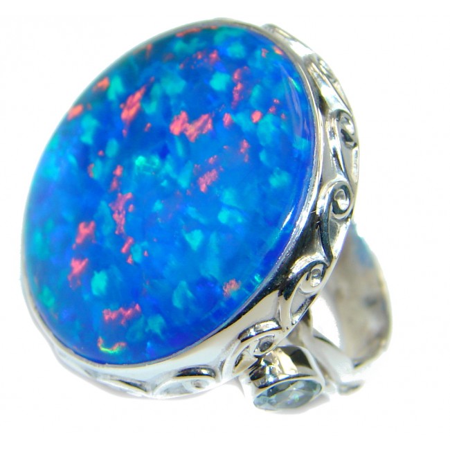 Blue Lab created Fire Opal Sterling Silver Ring size adjustable