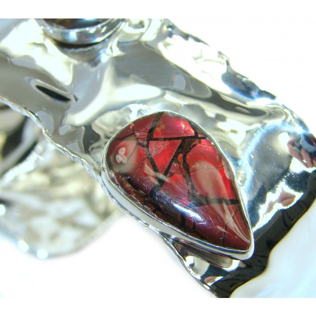 Natural Red Ammolites hammered Sterling Silver handmade Bracelet / Cuff