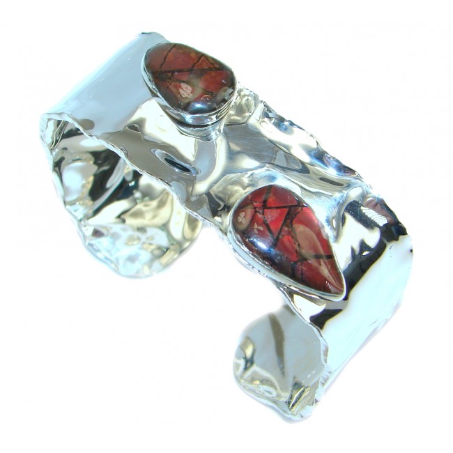 Natural Red Ammolites hammered Sterling Silver handmade Bracelet / Cuff