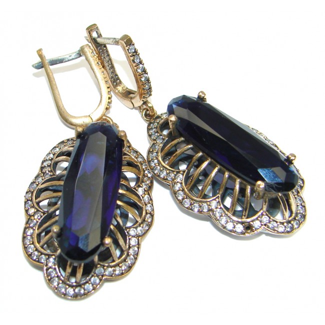 Huge Victorian Style created Sapphire Copper plated over Sterling Silver Earrings