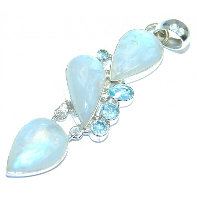 Most Increadible Fire Moonstone Swiss Blue Topaz Sterling Silver Pendant