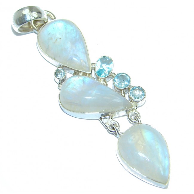 Most Increadible Fire Moonstone Swiss Blue Topaz Sterling Silver Pendant