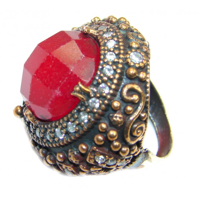 Victorian Style created Ruby & White Topaz Sterling Silver ring; s. 4 1/2