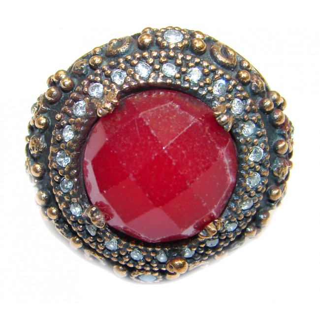 Victorian Style created Ruby & White Topaz Sterling Silver ring; s. 4 1/2