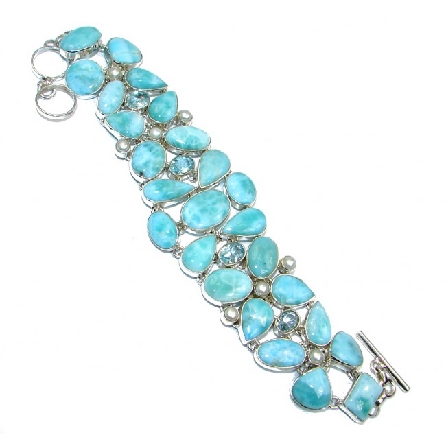 Natural AAA Blue Larimar & Blue Topaz Pearls Sterling Silver handmade Bracelet