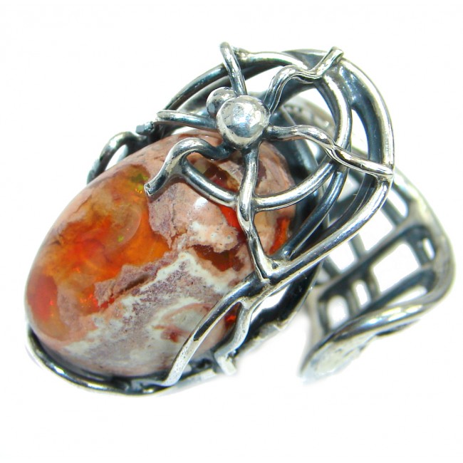 AAA+ Mexican Fire Opal Oxidized Sterling Silver handcrafted Ring size adjustable
