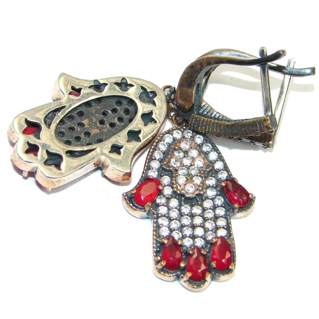 Great Victorian Style created Ruby Hamsa Hands Sterling Silver earrings