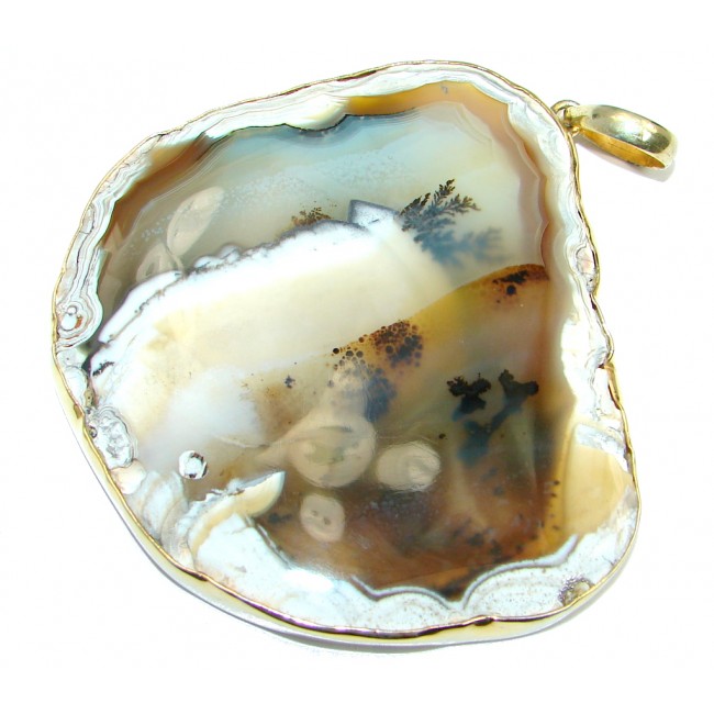 Huge Genuine Dendritic Agate Gold plated Sterling Silver Pendant