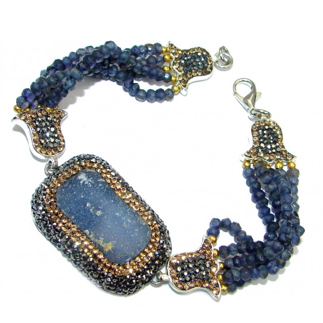 Victorian Style created Sapphire Druzy & White Topaz copper over Sterling Silver Bracelet