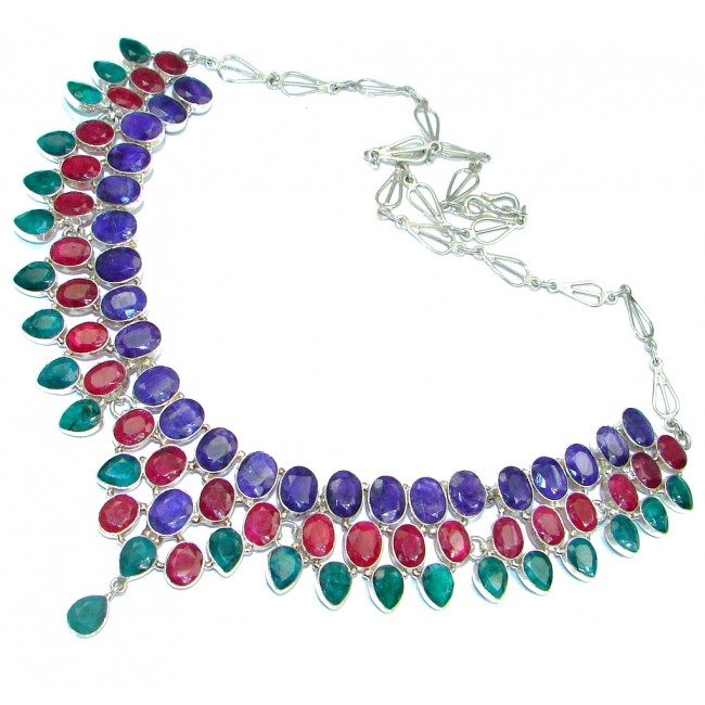 Breath Of Love Emerald & Sapphire & Ruby Sterling Silver handmade necklace