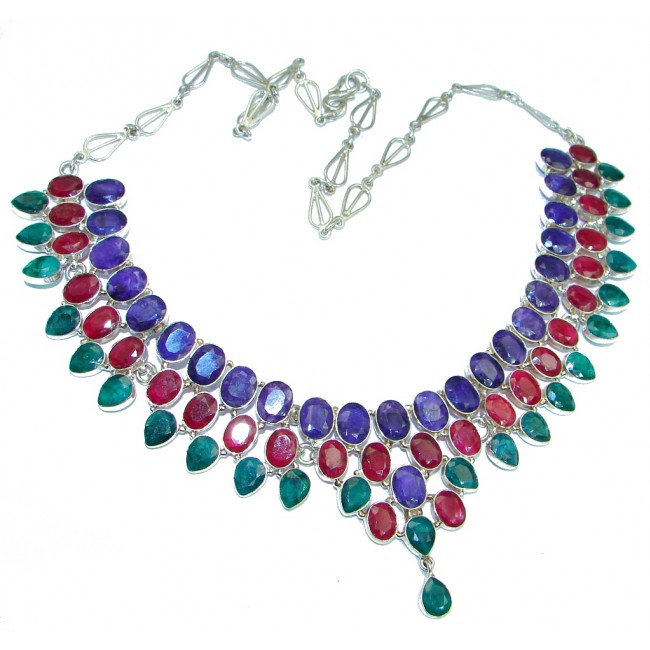 Breath Of Love Emerald & Sapphire & Ruby Sterling Silver handmade necklace