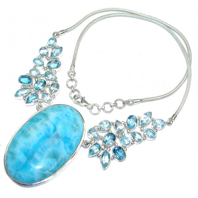 Natural AAA+ Blue Larimar Swiss Blue Topaz Sterling Silver handmade necklace