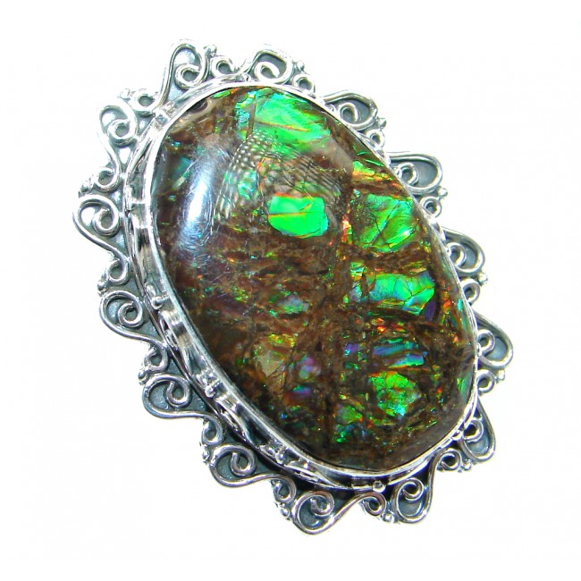 Large Rainbow Fire AAA Ammolite Sterling Silver ring size adjustable