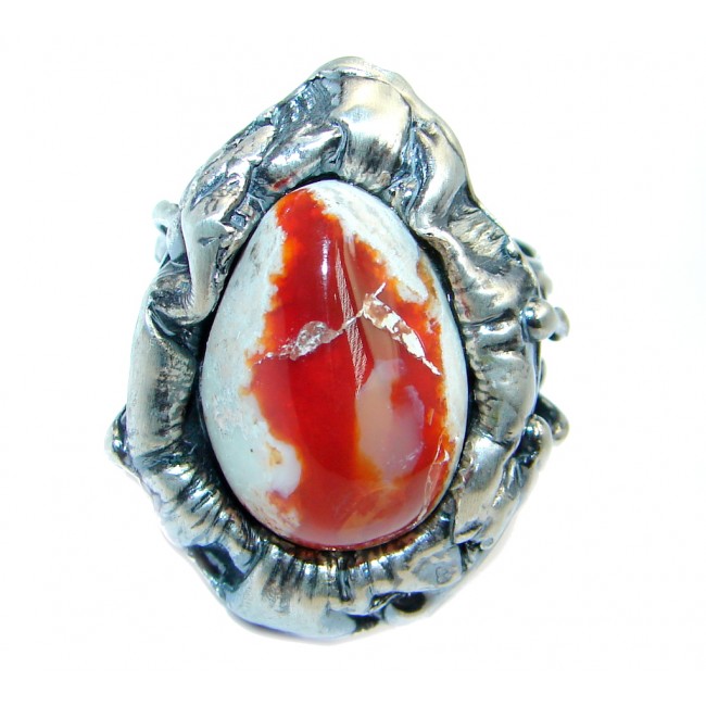 AAA+ Mexican Fire Opal Oxidized Sterling Silver Ring size adjustable