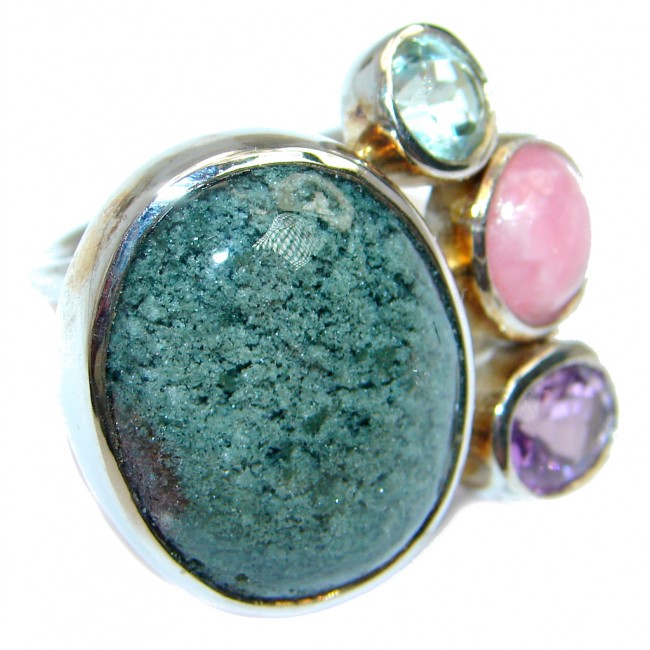 Supernova AAA+ Green Agate Prehnite Sterling Silver ring; s. 7