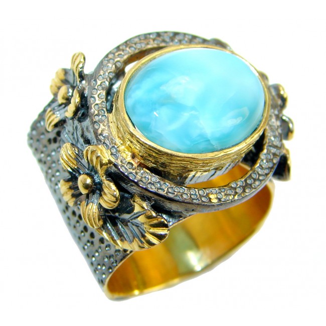 Genuine AAA Blue Larimar Gold over Sterling Silver handmade Ring size adjustable
