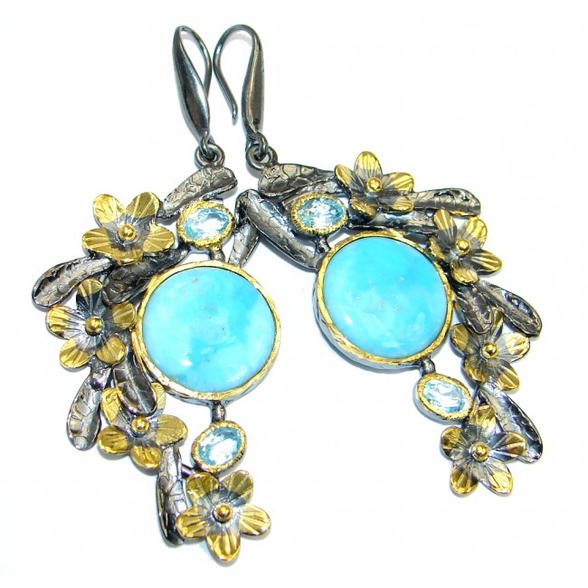 Precious Blue Larimar Gold Rhodium plated over Sterling Silver handmade earrings