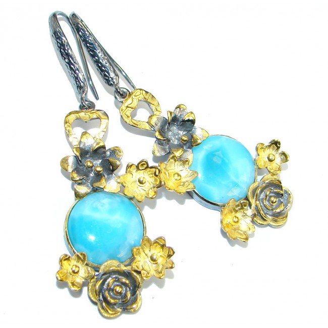 Precious Blue Larimar Gold Rhodium plated over Sterling Silver handmade earrings