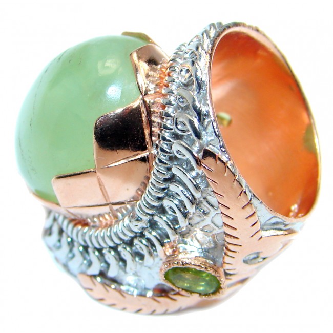 Large Moss Prehnite Peridot Rose Gold plated over Sterling Silver ring; s. 6