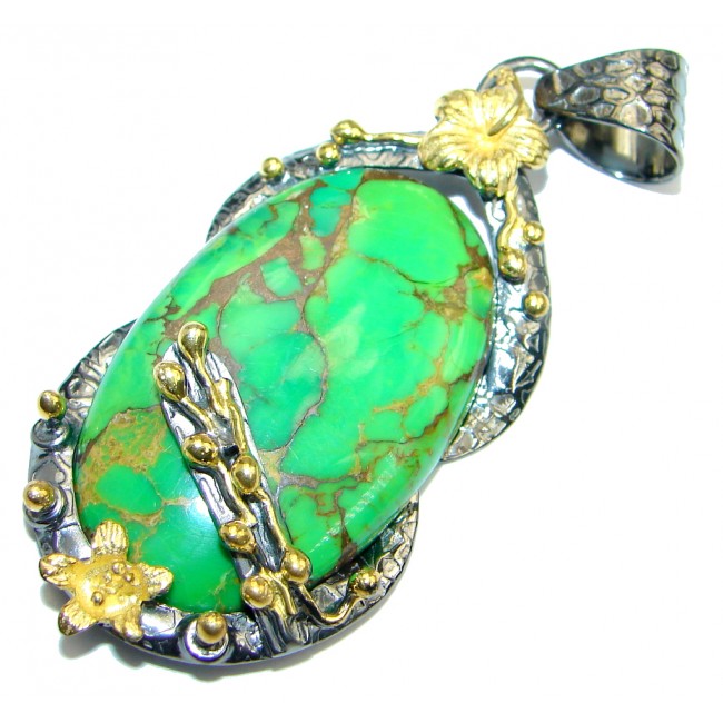 Green Turquoise Copper vains Gold Rhodium plated over Sterling Silver Pendant