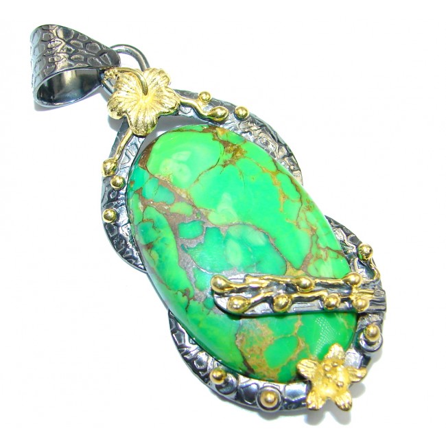 Green Turquoise Copper vains Gold Rhodium plated over Sterling Silver Pendant