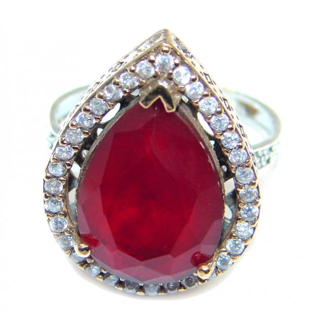 Victorian Style created Ruby & White Topaz Sterling Silver ring; s. 8 1/2