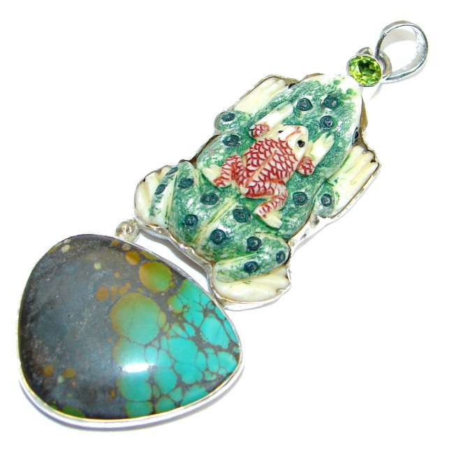 Turquoise carved Camel Bone Peridot Sterling Silver Pendant
