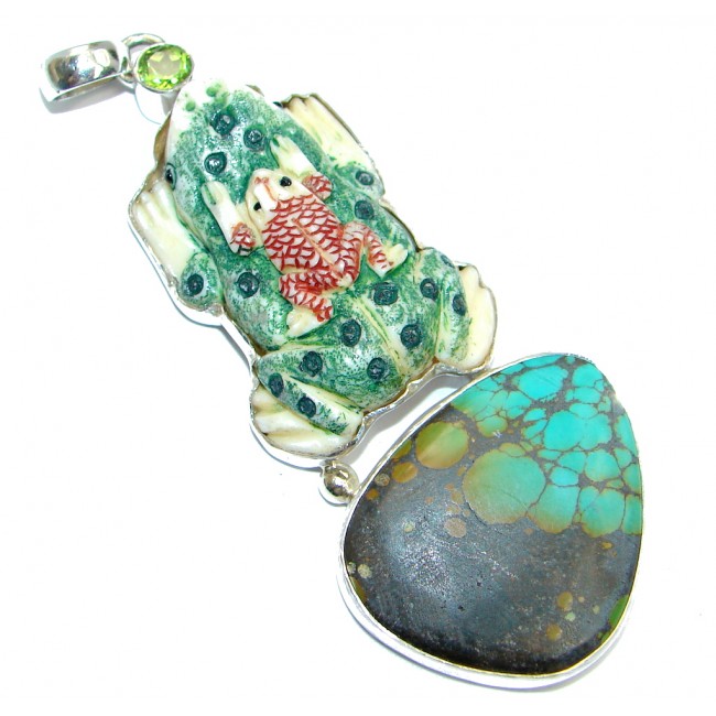 Turquoise carved Camel Bone Peridot Sterling Silver Pendant