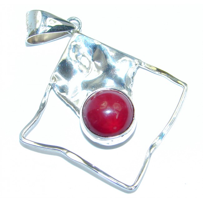 Red Fossilized Coral hammered Sterling Silver pendant
