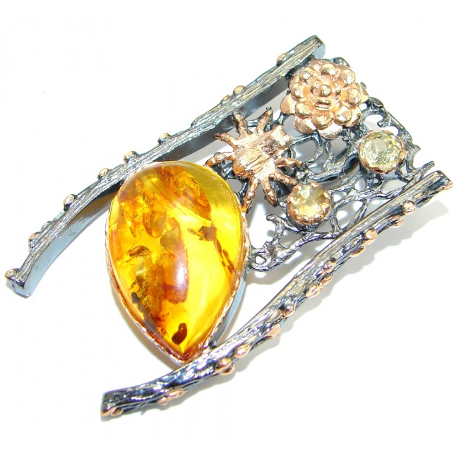 Vintage Design Golden Baltic Amber Gold Rhodium plated over Sterling Silver Pendant