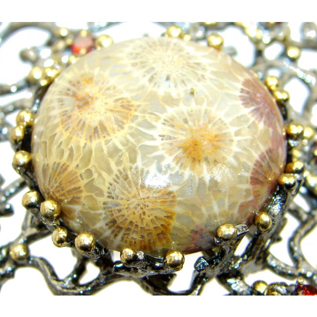 Chunky Genuine Fossilized Coral Garnet Gold Rhodium plated over Sterling Silver Bracelet / Cuff