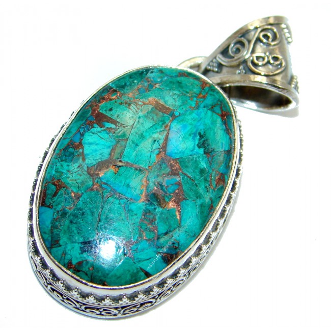 Green Chrysocolla with golden vains Sterling Silver Pendant
