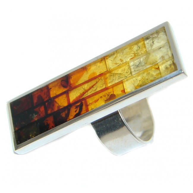 Big Mosaic Brown Polish Amber Sterling Silver 100% handmade Ring size adjustable