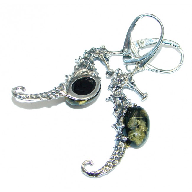 Beautiful Seahorses Green Amber Sterling Silver handcrafted earrings