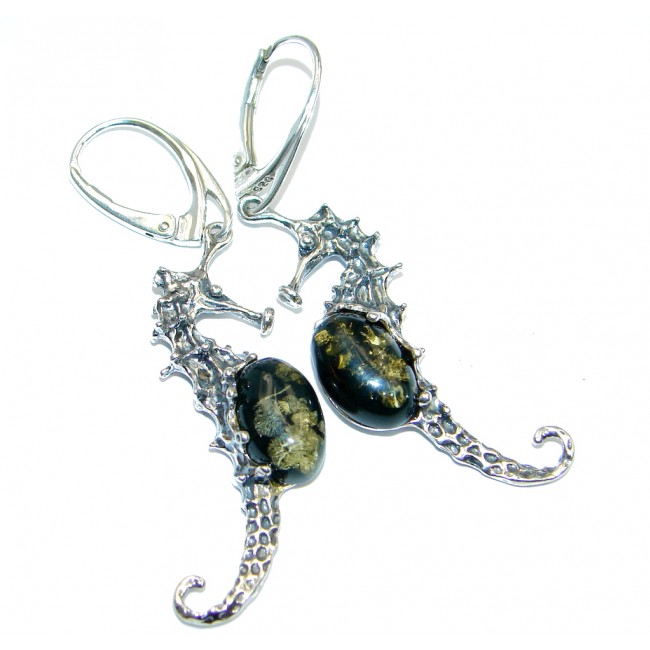 Beautiful Seahorses Green Amber Sterling Silver handcrafted earrings