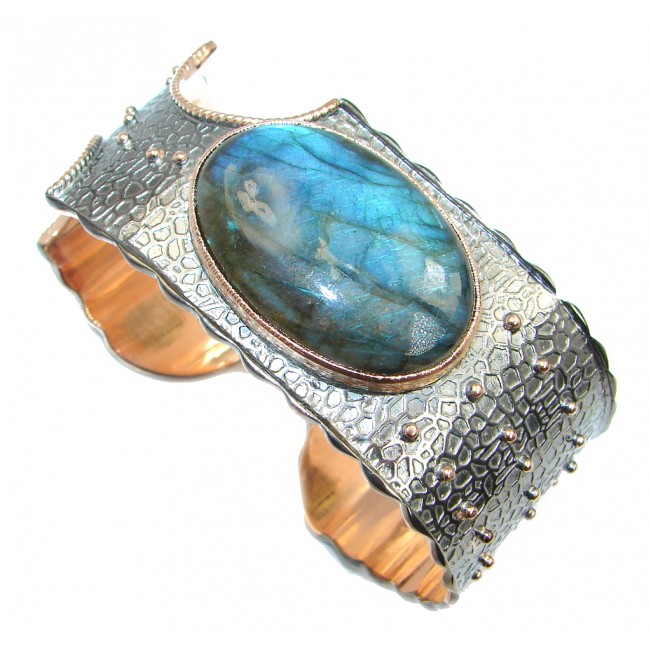 Bohemian Style Fire Labradorite Rhodium Rose Gold plated over Sterling Silver Bracelet / Cuff