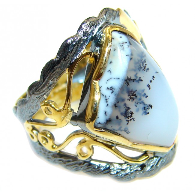 Snow Queen Dendritic Agate Gold Rhodium Plated over Sterling Silver Ring s. 8