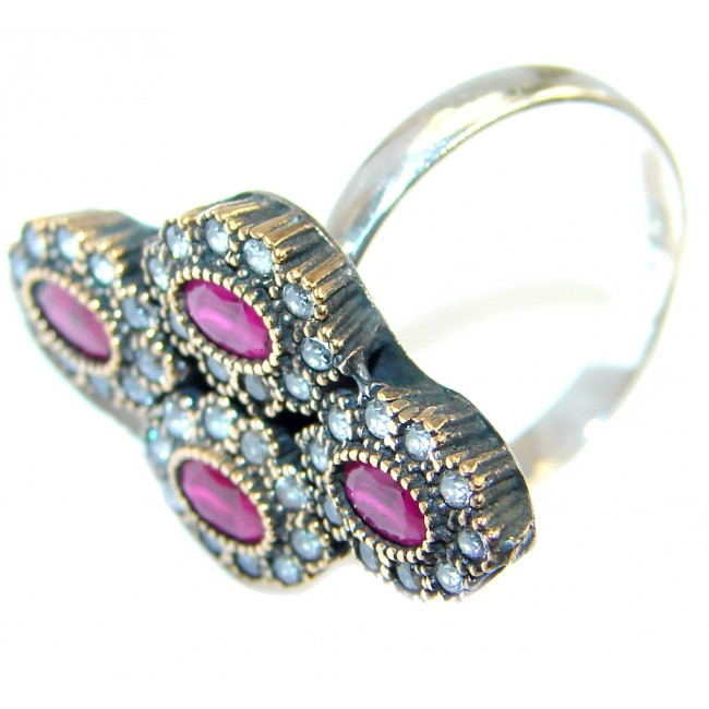 Victorian Style created Ruby & White Topaz Sterling Silver ring; s. 8 1/2
