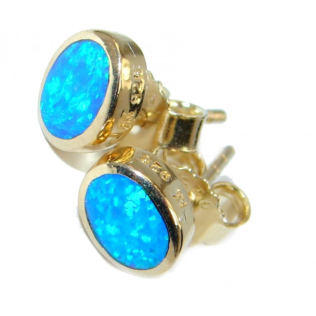 Ocean Blue Doublet Fire Opal Gold Over Sterling Silver handmade earrings