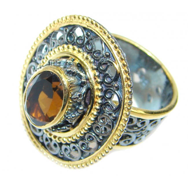 Genuine Smoky Topaz gold Rhodium plated over Sterling Silver ring size adjustable