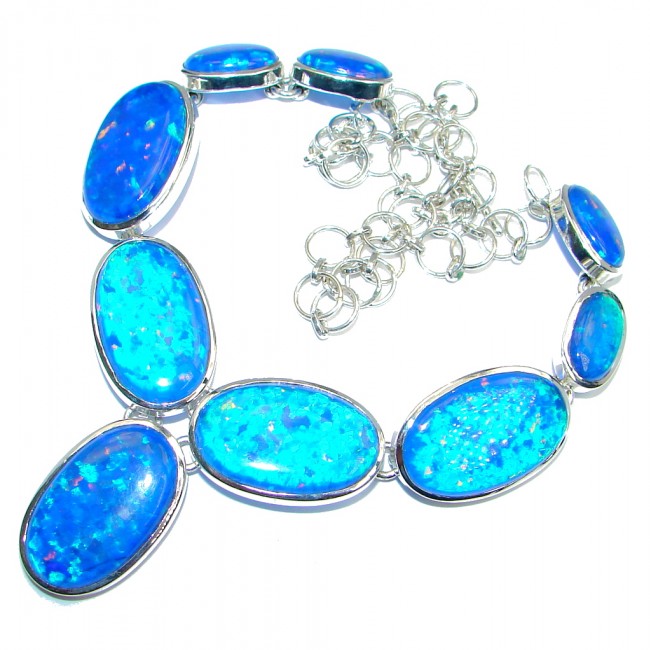 Chunky Lab Created Blue Fire Opal Sterling Silver handmade necklace