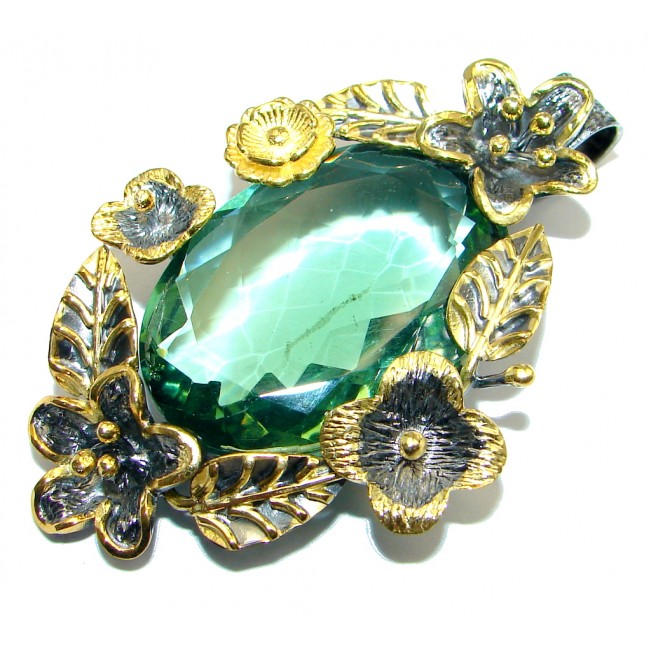 Floral Vintage Style created Emerald Two tones Sterling Silver Pendant